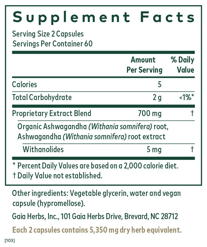 Supplement facts label for Gaia Herbs Pro Ashwagandha 700, detailing nutritional information, including 700 mg proprietary extract blend with organic ashwagandha root and withanolides.