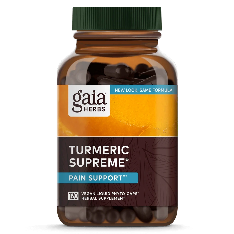 Close-up of Gaia Herbs Turmeric Supreme® Pain - ACTIVE LIFESTYLE 120-count bottle, featuring vegan liquid phyto-caps for fitness and joint support.
