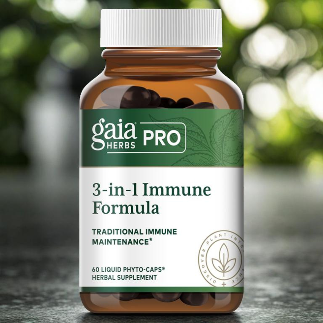 Gaia Professionals 3-in-1 Immune Formula - 60 ct herbal supplement bottle shown outdoors, designed for immune system support and stress adaptation.