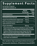 Supplement Facts label for Gaia Herbs Gas & Bloating supplement. The label details the serving size (2 capsules), total carbohydrates (<1g), and a proprietary blend including activated coconut charcoal, organic fennel seed, bitter fennel seed extract, and an organic herb blend with chamomile, lemon balm, cardamom, star anise, and ginger. The product is encapsulated in a vegan capsule and contains 25 servings per container.