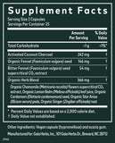 Supplement Facts label for Gaia Herbs Gas & Bloating supplement. The label details the serving size (2 capsules), total carbohydrates (<1g), and a proprietary blend including activated coconut charcoal, organic fennel seed, bitter fennel seed extract, and an organic herb blend with chamomile, lemon balm, cardamom, star anise, and ginger. The product is encapsulated in a vegan capsule and contains 25 servings per container.