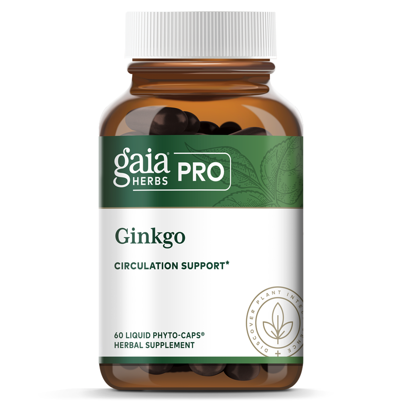 Gaia Herbs PRO Ginkgo supplement bottle featuring a brown glass container with a white cap. The label displays "Ginkgo" with a focus on "Circulation Support*," indicating its potential benefits. The product contains 60 liquid phyto-caps® and is classified as a herbal supplement. The Gaia Herbs PRO branding and leaf design are prominently displayed.