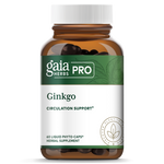 Gaia Herbs PRO Ginkgo supplement bottle featuring a brown glass container with a white cap. The label displays "Ginkgo" with a focus on "Circulation Support*," indicating its potential benefits. The product contains 60 liquid phyto-caps® and is classified as a herbal supplement. The Gaia Herbs PRO branding and leaf design are prominently displayed.
