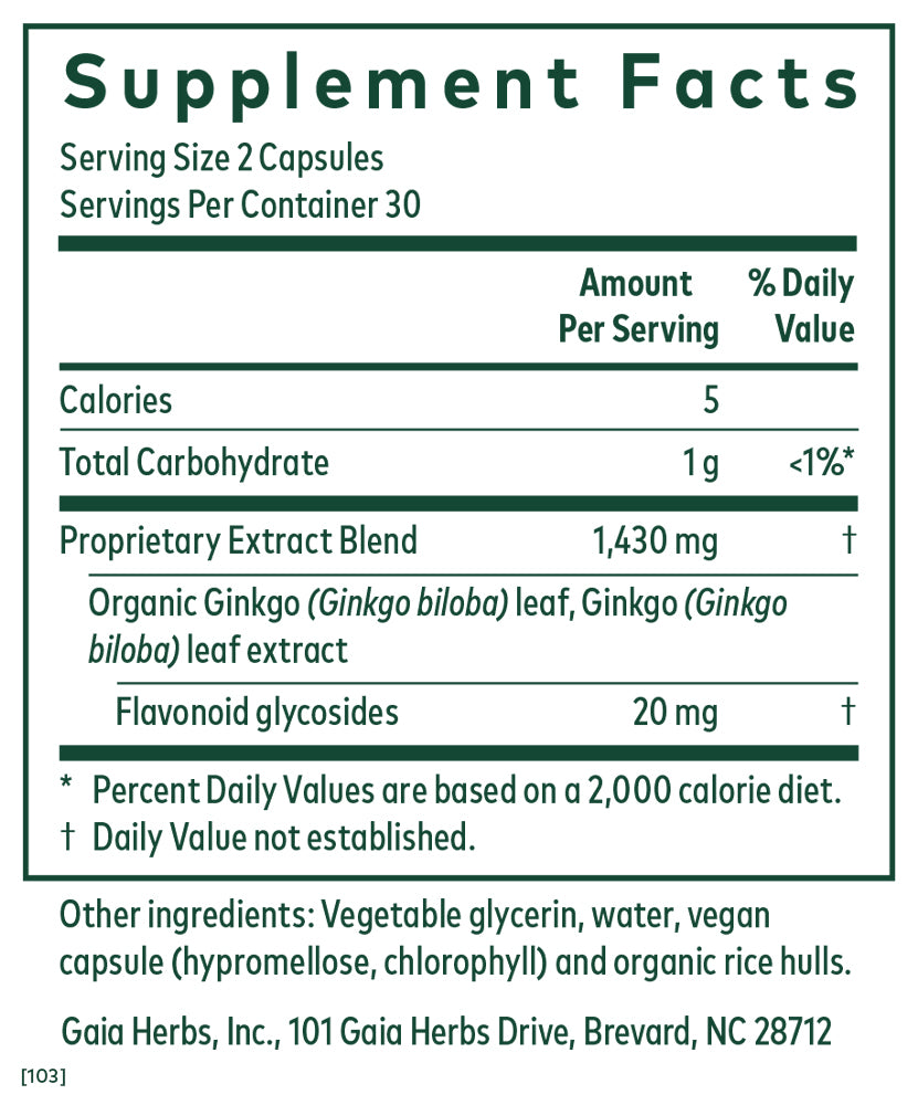 Supplement Facts label for Gaia Herbs PRO Ginkgo supplement. Displays serving size (2 capsules), servings per container (30), and key nutritional information including calories (5), total carbohydrates (1g), and a proprietary extract blend (1,430mg) of organic Ginkgo biloba leaf and extract. Contains 20mg of flavonoid glycosides. Other ingredients include vegetable glycerin, water, vegan capsule (hypromellose, chlorophyll), and organic rice hulls.
