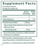 Supplement Facts label for Gaia Herbs PRO Ginkgo supplement. Displays serving size (2 capsules), servings per container (30), and key nutritional information including calories (5), total carbohydrates (1g), and a proprietary extract blend (1,430mg) of organic Ginkgo biloba leaf and extract. Contains 20mg of flavonoid glycosides. Other ingredients include vegetable glycerin, water, vegan capsule (hypromellose, chlorophyll), and organic rice hulls.