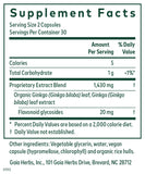 Supplement Facts label for Gaia Herbs PRO Ginkgo supplement. Displays serving size (2 capsules), servings per container (30), and key nutritional information including calories (5), total carbohydrates (1g), and a proprietary extract blend (1,430mg) of organic Ginkgo biloba leaf and extract. Contains 20mg of flavonoid glycosides. Other ingredients include vegetable glycerin, water, vegan capsule (hypromellose, chlorophyll), and organic rice hulls.