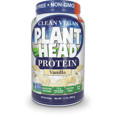 Plant-Based Protein Powder – Vegan, Digestive Enzymes & Wellness; Genceutic Naturals Plant Head Protein Vanilla 1.7 lb with 15g protein, non-GMO, dairy-free.