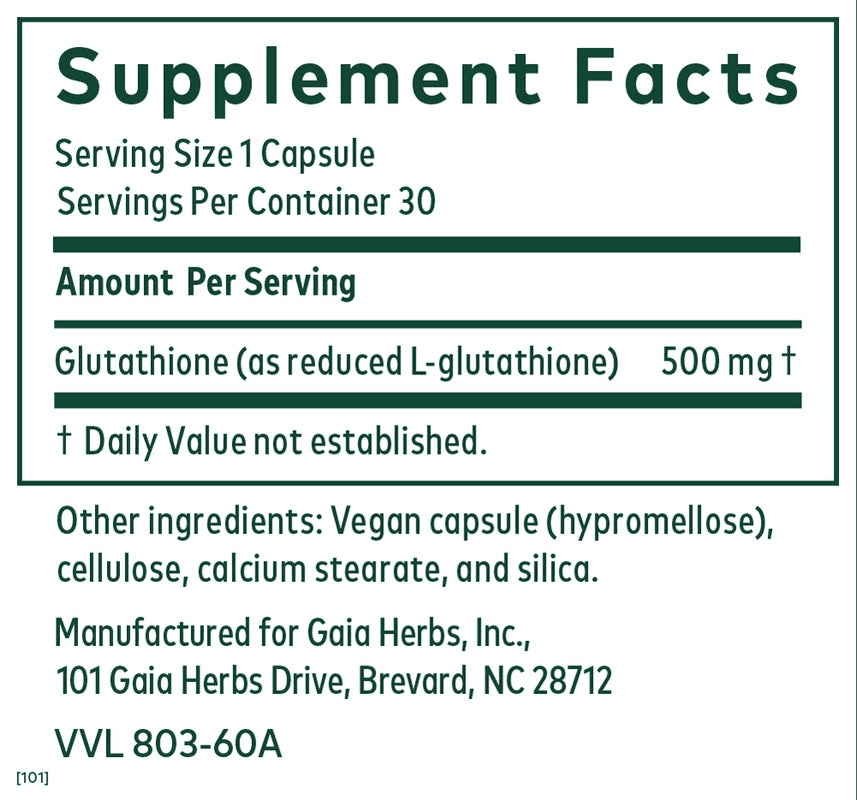 Supplement Facts label of Gaia Herbs Glutathione 500, displaying serving size of 1 capsule, 30 servings per container, with 500 mg of reduced L-glutathione per serving. Other ingredients include hypromellose (vegan capsule), cellulose, calcium stearate, and silica. / Etiqueta de Información Nutricional del suplemento Gaia Herbs Glutathione 500, con tamaño de porción de 1 cápsula, 30 porciones por envase y 500 mg de L-glutatión reducido por porción. Otros ingredientes incluyen hipromelosa (cápsula vegana)