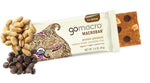 Unwrapped GoMacro Peanut Butter Chocolate Chip bar next to scattered chips and peanuts, showing texture and clean ingredients.