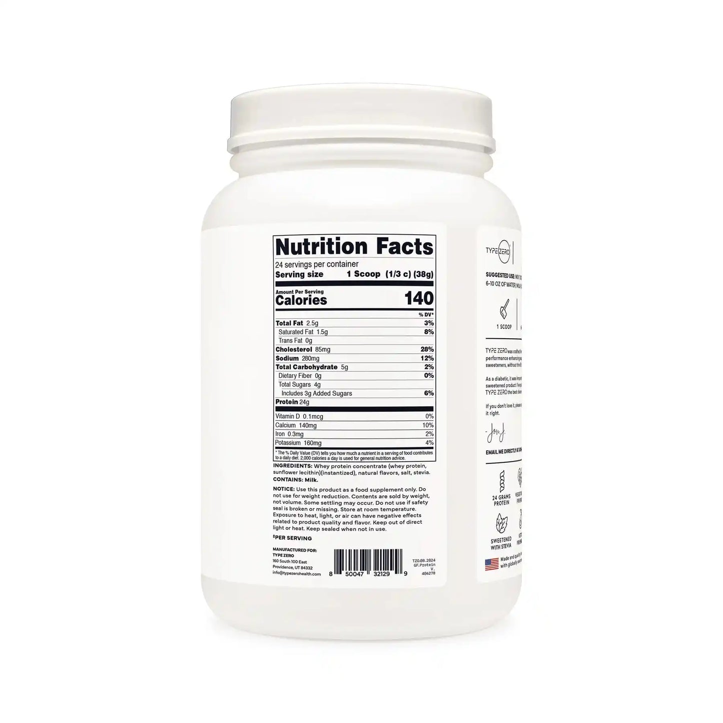 Nutrition facts label for TypeZero Vanilla Grass-Fed Whey Protein showing 140 calories, 24g protein, and 2g sugar per serving for mindful fitness nutrition.