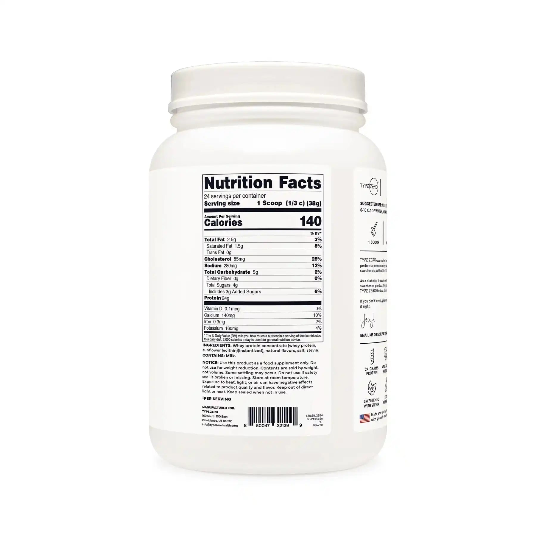 Nutrition facts label for TypeZero Vanilla Grass-Fed Whey Protein showing 140 calories, 24g protein, and 2g sugar per serving for mindful fitness nutrition.