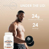 Fit man lifting dumbbell next to TypeZero Grass-Fed Whey Protein, emphasizing 24g protein per serving and 24 servings per container for muscle recovery.