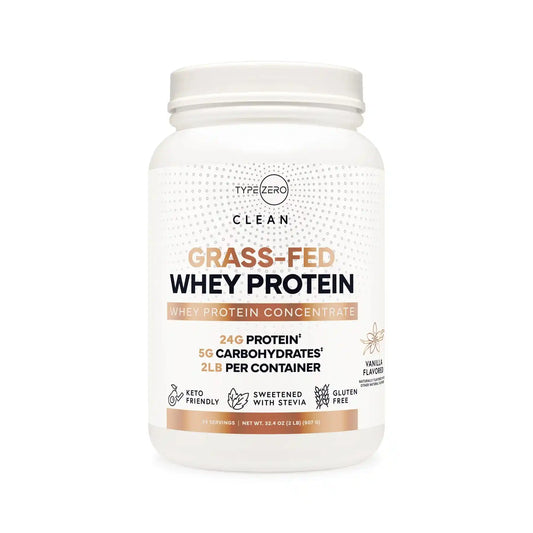TypeZero Grass-Fed Whey Protein Concentrate Vanilla flavor with 24g protein per serving, keto-friendly, gluten-free, and sweetened with stevia.