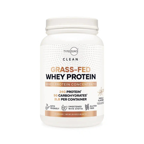 TypeZero Grass-Fed Whey Protein Concentrate Vanilla flavor with 24g protein per serving, keto-friendly, gluten-free, and sweetened with stevia.