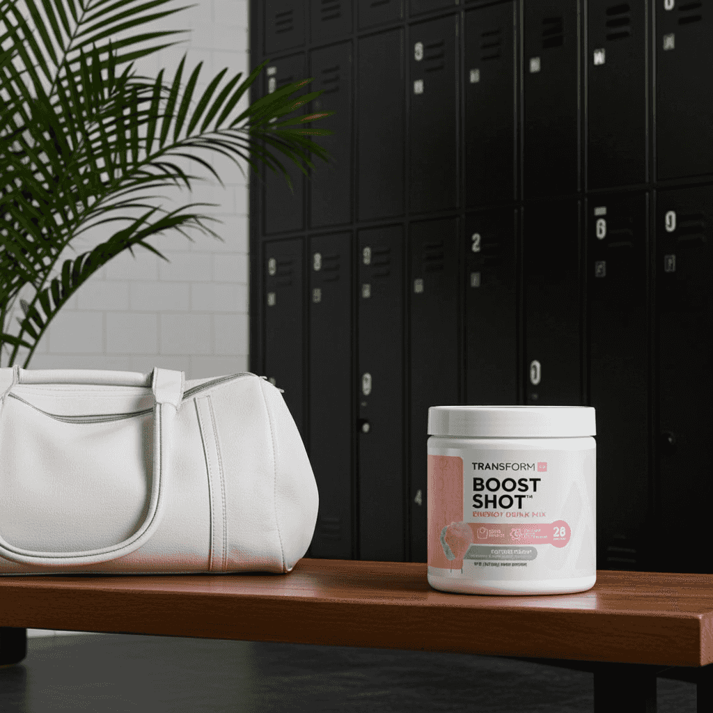 Healthy Energy Drink Powder – Boost Shot for Focus & Fat Burn in cotton candy flavor placed on a gym bench beside a white gym bag, ideal for fitness routines.