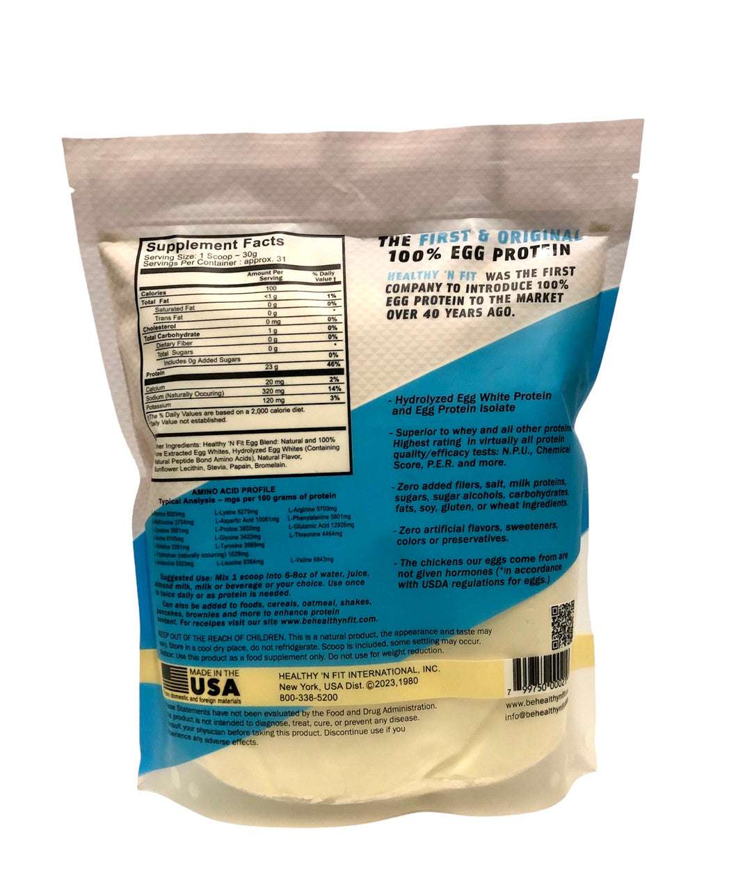 Side view of Healthy 'N Fit Egg Protein Vanilla powder with ingredient list

