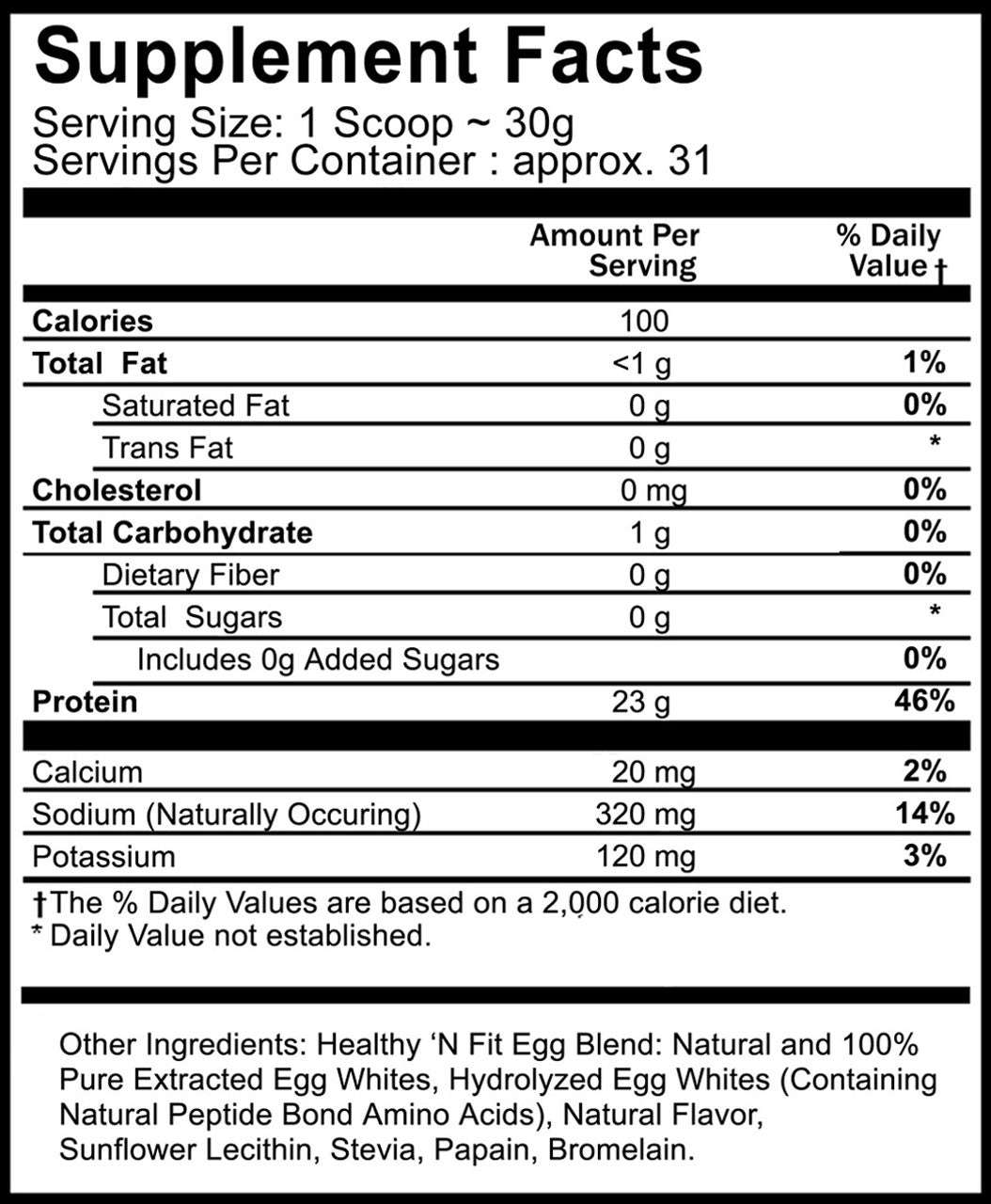 Nutritional facts label for Healthy 'N Fit 100% Egg Protein Vanilla Powder

