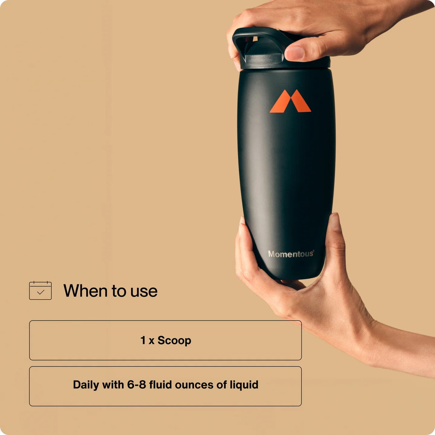 Momentous shaker bottle held in hands with usage instructions for Creatine, recommending one scoop daily with 6–8 oz of liquid.