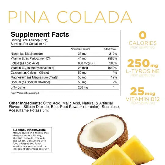 Supplement facts for Piña Colada electrolyte drink mix