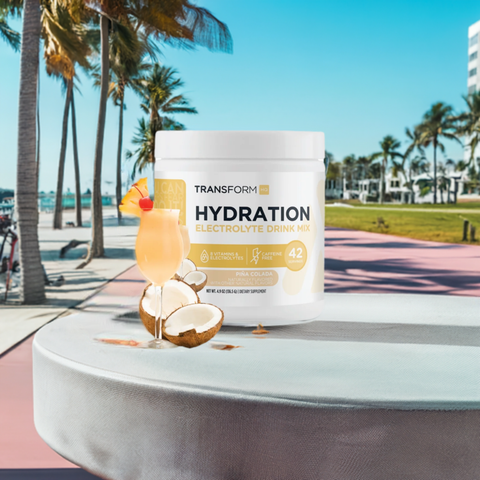 Hydration Electrolyte Drink Mix Piña Colada with tropical background