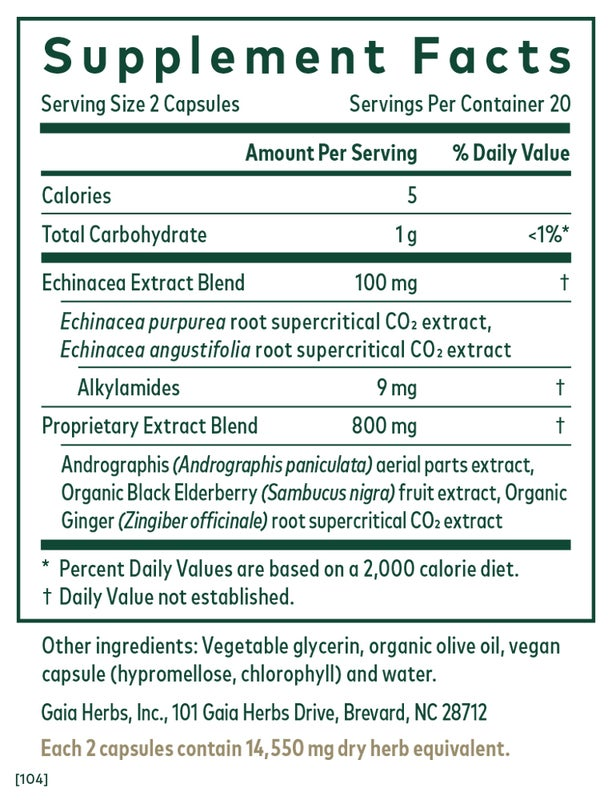Supplement facts label for Immune Activator - 40 ct showing echinacea, andrographis, elderberry, and ginger blend for immune response support.