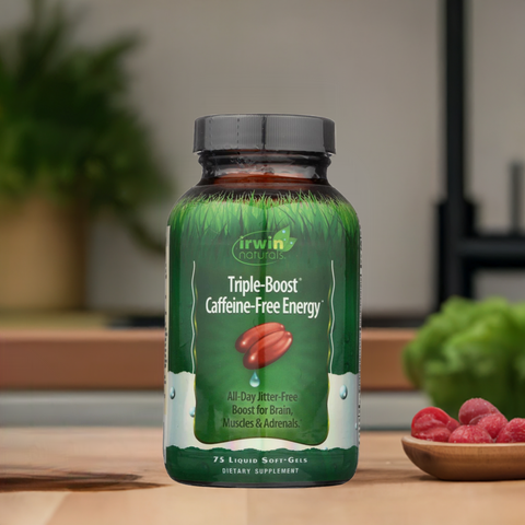 Amazing Grass Super Greens Capsules bottle on a table with strawberries, showcasing a healthy and natural setting.
