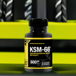 KSM-66 Ashwagandha bottle with gym equipment