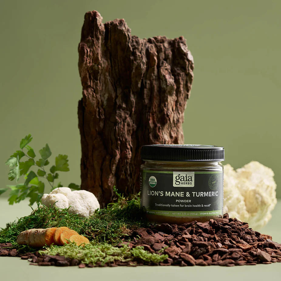 Lion's Mane & Turmeric - 3.5 oz herbal supplement powder by Gaia Herbs displayed with natural ingredients like turmeric root and mushrooms in a forest-themed setting.