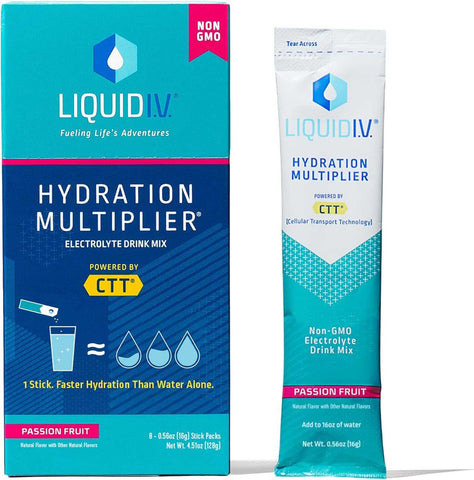 Liquid I.V. Hydration Multiplier Passion Fruit drink mix box and single stick pack with CTT for fast hydration and electrolyte replenishment.