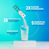 Liquid I.V. Passion Fruit drink mix dissolving in water, emphasizing 2x faster hydration, 3x electrolytes, and 5 essential vitamins in single-serve packets.