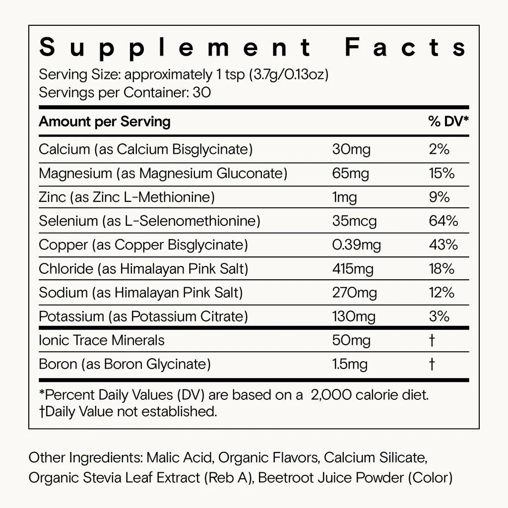 Mini Dew supplement facts label showing electrolyte and mineral content including calcium, magnesium, and pink Himalayan salt.