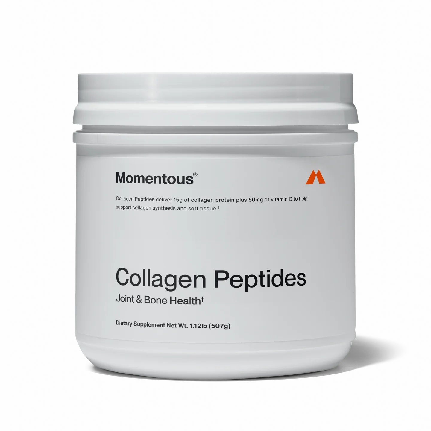 Momentous Collagen Peptides supplement for joint and bone health, featuring 10g collagen and 50mg vitamin C in a 1.12 lb white container.