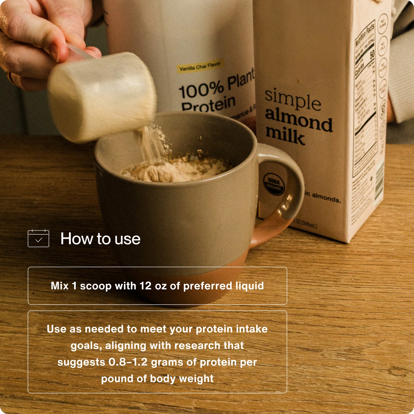 How to use Momentous 100% Plant Protein Vanilla Chai with almond milk for a high-protein vegan smoothie or shake.