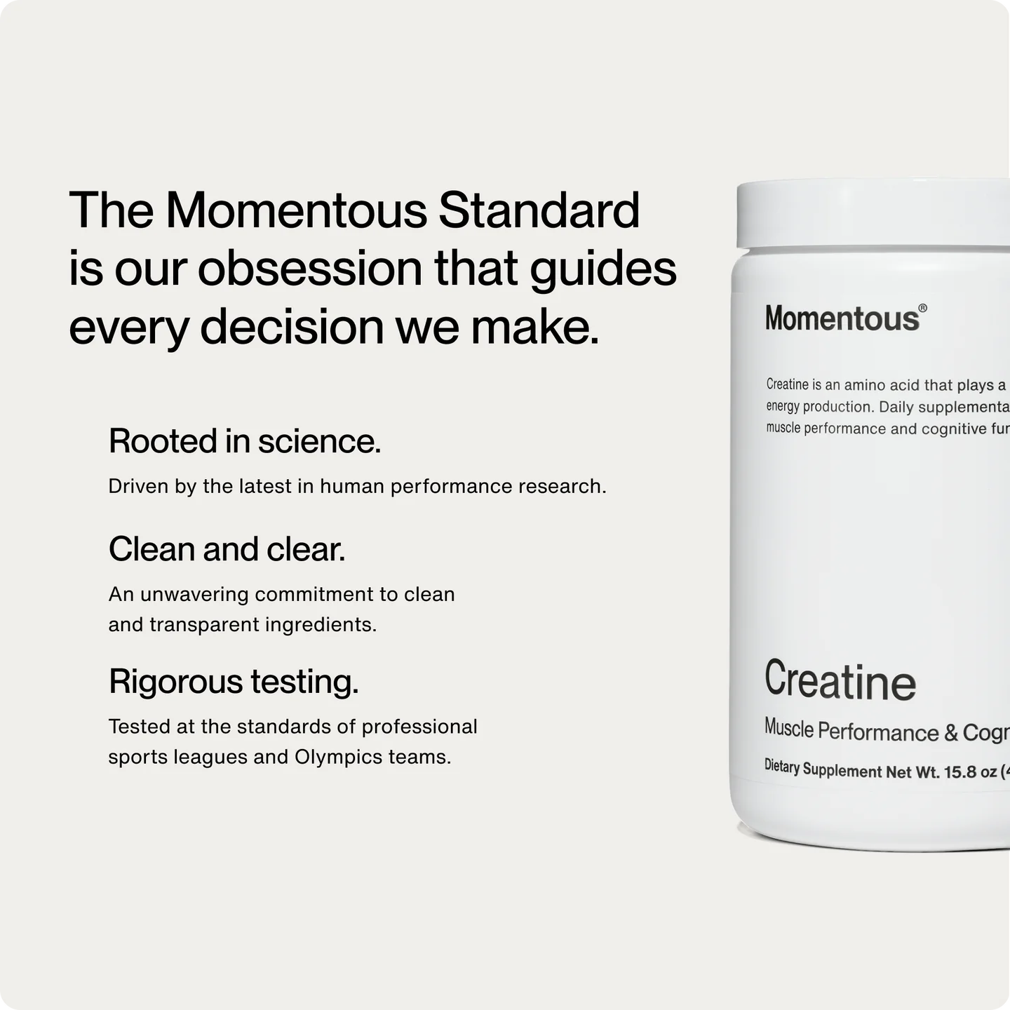 Momentous Creatine product with brand values listed, including scientific research, clean ingredients, and rigorous testing standards.