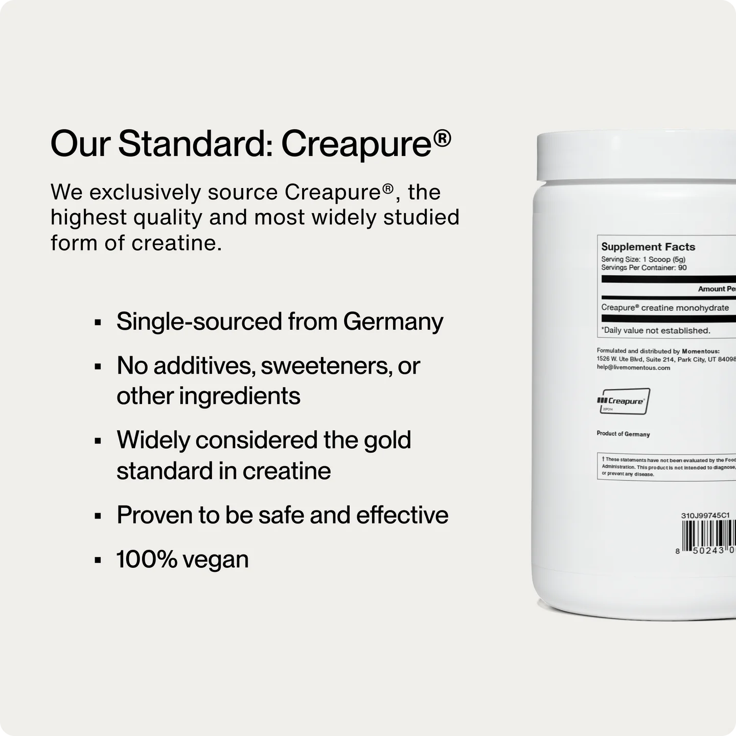 Details on Momentous Creatine's Creapure® standard, emphasizing its German sourcing, vegan formula, and absence of additives or sweeteners.