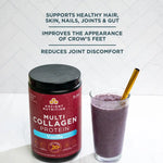 Multi Collagen Protein Vanilla with a smoothie glass and scoop, highlighting how it can be easily mixed into beverages.