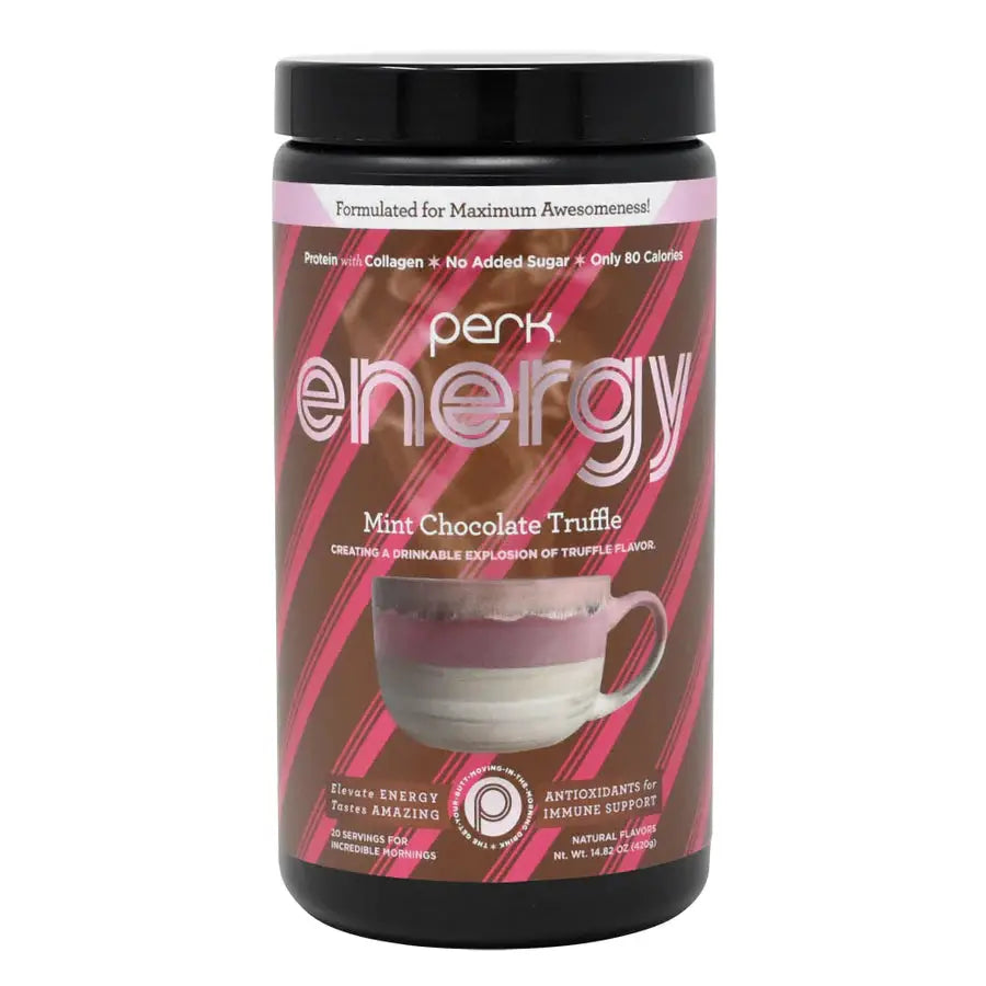 Mint Chocolate Truffle Energy Drink (20 Servings) by Perk Energy in a pink and brown container, featuring collagen protein and low sugar for wellness support.