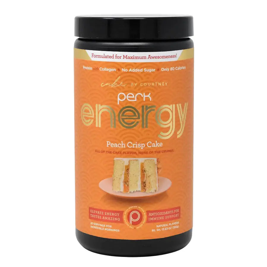 Front view of Perk Energy Original Peach Crisp Cake (20 servings) container, highlighting no added sugar, 80 calories, and Cake by Courtney collaboration.