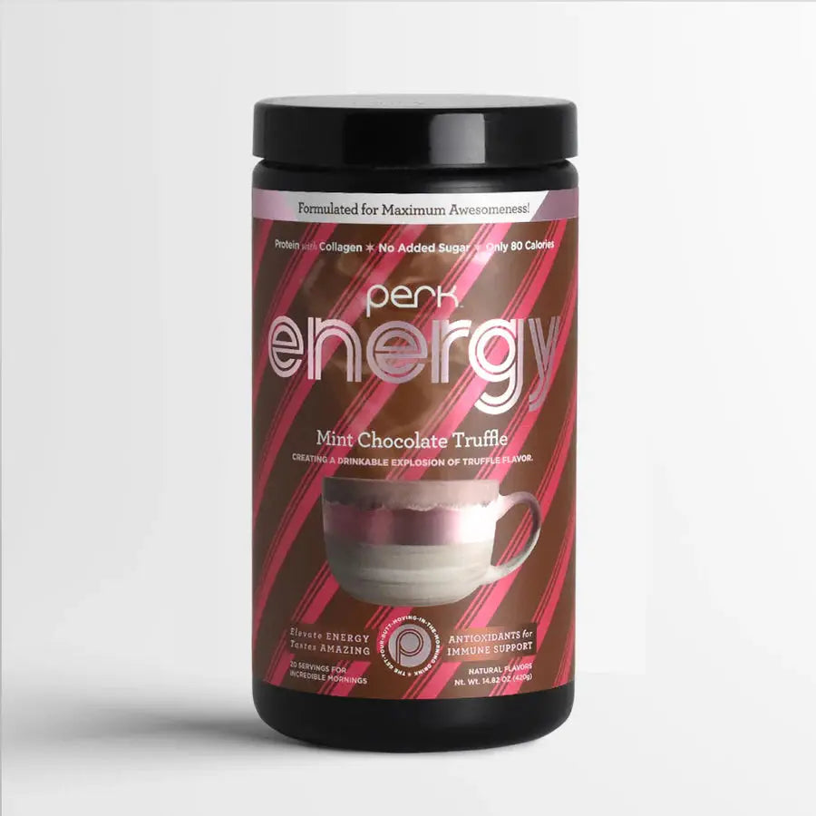 Mint Chocolate Truffle Energy Drink by Perk Energy, 20 servings per container. High-protein, low-sugar beverage with collagen and caffeine boost.