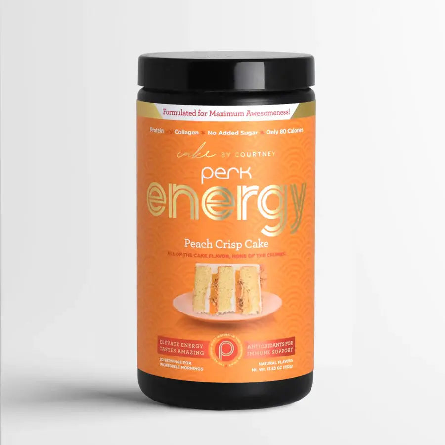 Perk Energy Peach Crisp Cake energy drink mix in bright orange packaging with cake slice image, promoting immune support and morning energy boost.