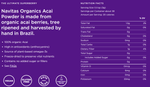 Back label of the acai powder pouch showing supplement facts and usage directions on a purple background.

