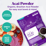 Marketing flat lay of two acai powder pouches with smoothie ingredients around and feature icons.

