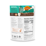 Close-up of the ingredient and nutrition label of the acai powder product on a clean white surface.

