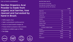 Close-up of nutritional information and ingredients on the back of the purple acai powder pouch.

