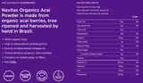 Close-up of nutritional information and ingredients on the back of the purple acai powder pouch.

