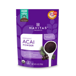 Minimal product shot of the acai powder pouch standing upright against a white background.

