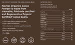 Nutrition facts panel for Navitas Organic Cacao Powder, showing calories and vitamin content.