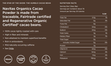 Nutrition facts panel for Navitas Organic Cacao Powder, showing calories and vitamin content.