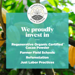 Informative card about the black cacao powder benefits and ingredients next to oranges and cinnamon.


