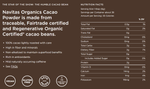 Close-up of the back label showing nutrition facts and ingredients on the black cacao powder pouch.

